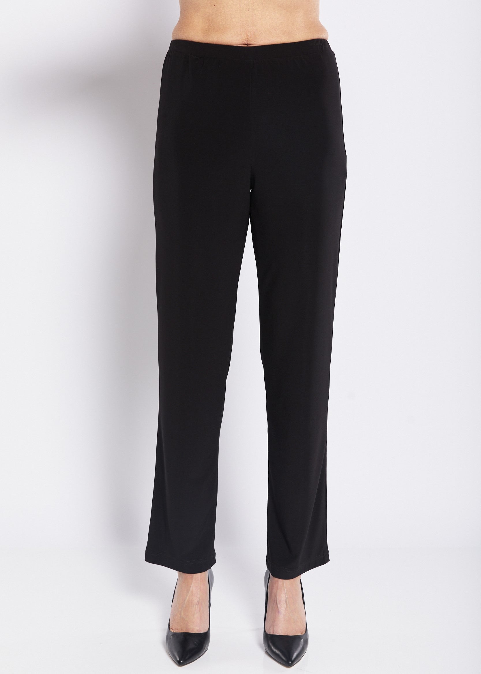 Black straight leg ankle pants stretch fabric clean tailored front view