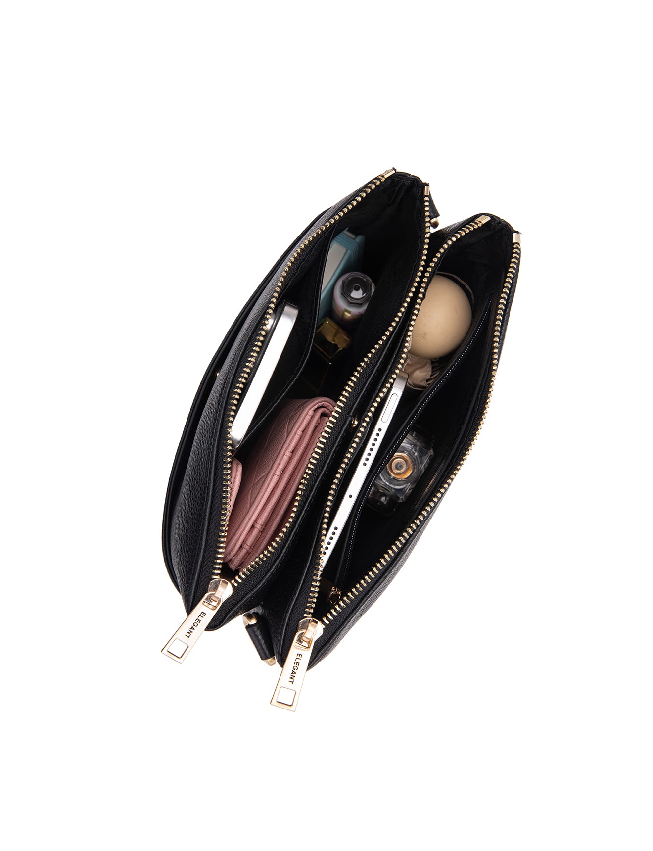 Black makeup crossbody bag with open compartments and gold zippers on white background
