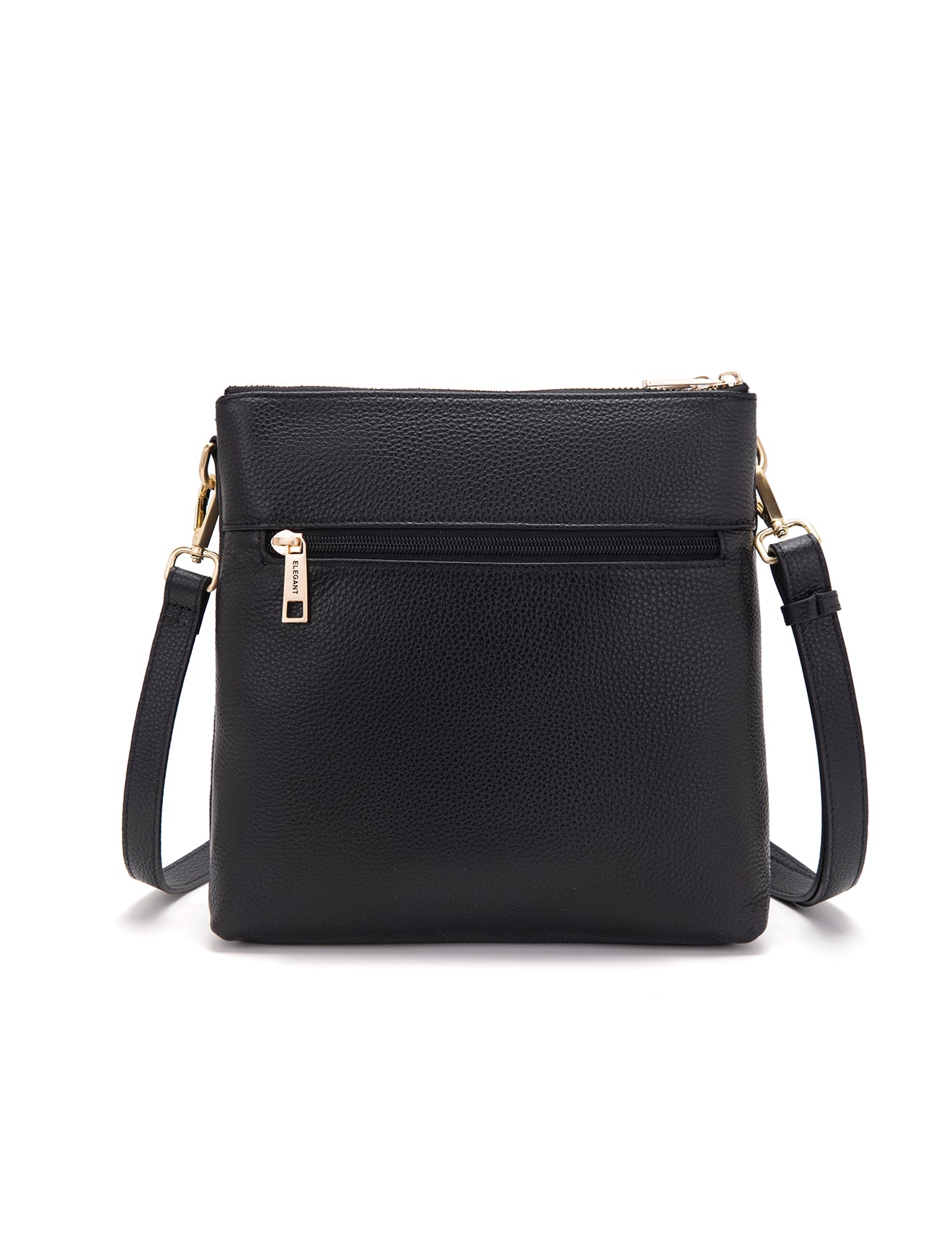 Black crossbody bag with adjustable strap and zip detail on white background
