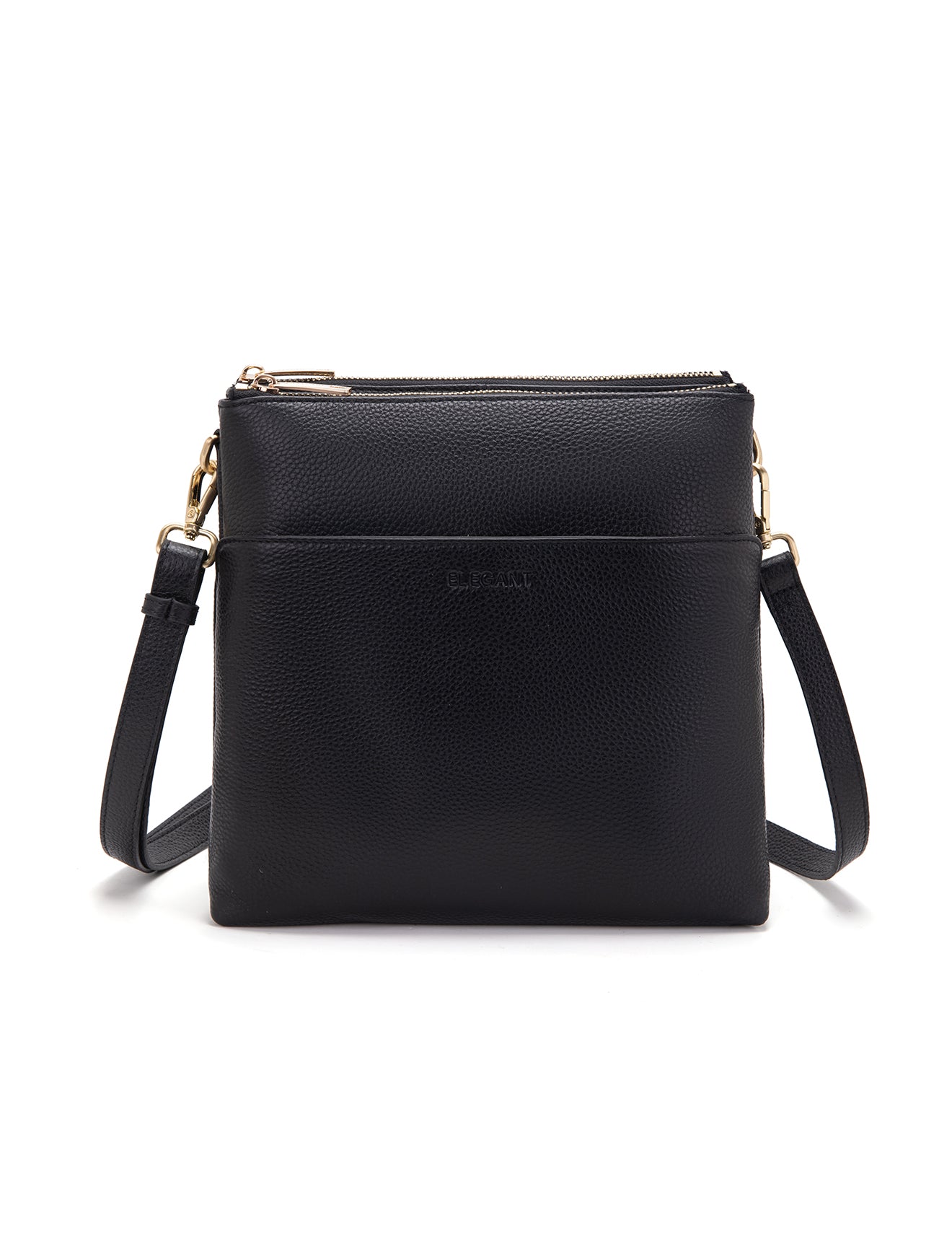 Black leather crossbody bag with gold zipper on white background