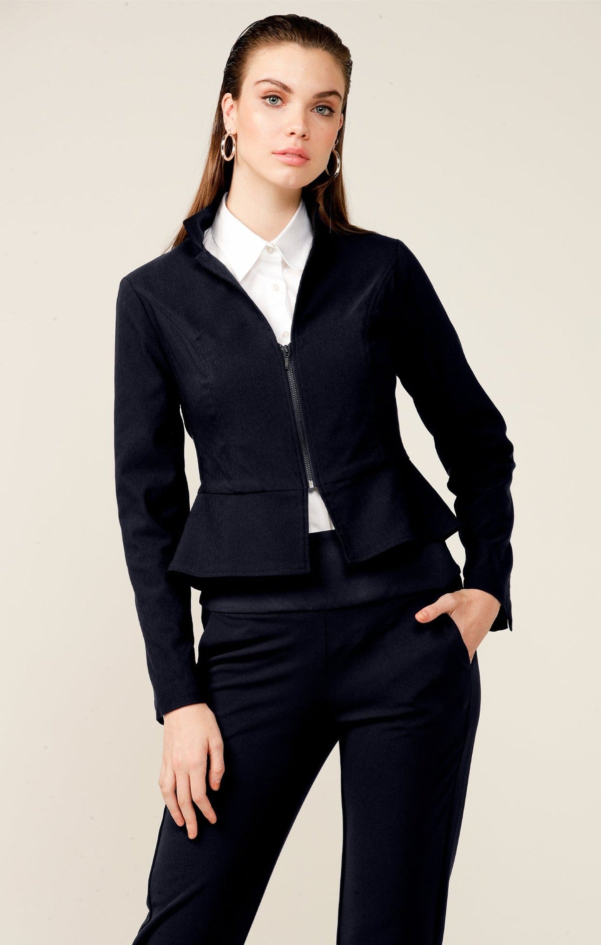 Front Zip Peplum Jacket In Navy by Sacha Drake - image 2