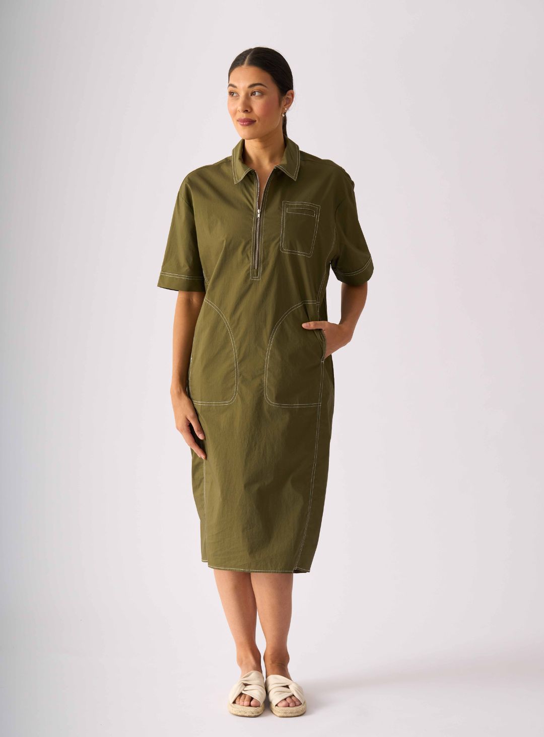Olive Green Utility Shirt Dress
