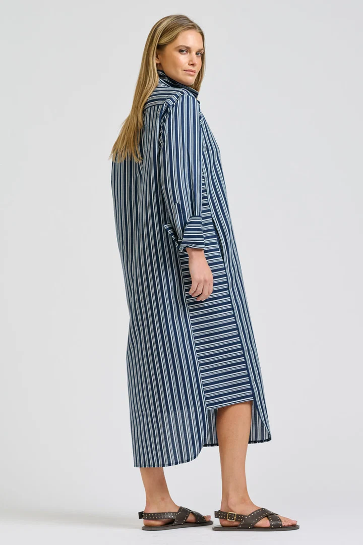 Navy Striped Button-Down Midi Shirt Dress | Elegant Women’s Dress Australia