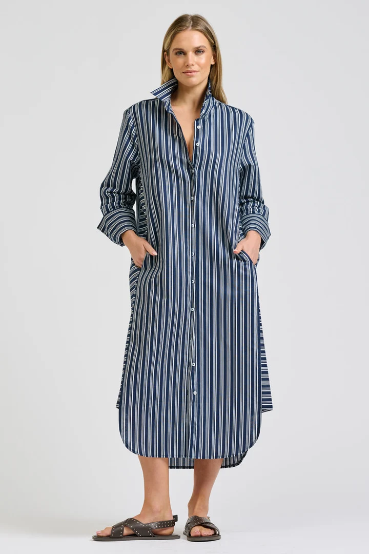 Navy Striped Button-Down Midi Shirt Dress | Elegant Women’s Dress Australia