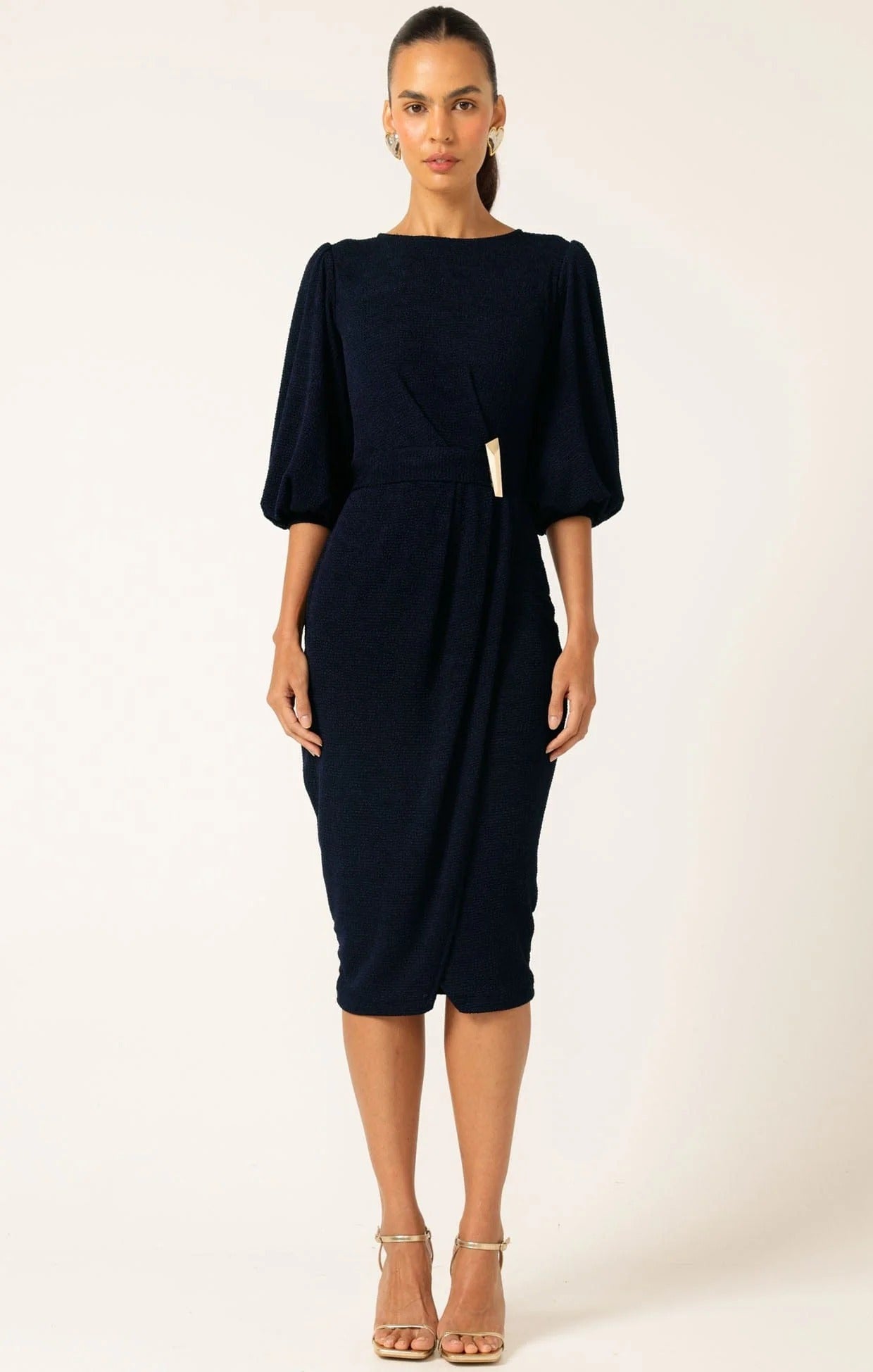 Navy fitted midi dress full length minimal elegant women fashion