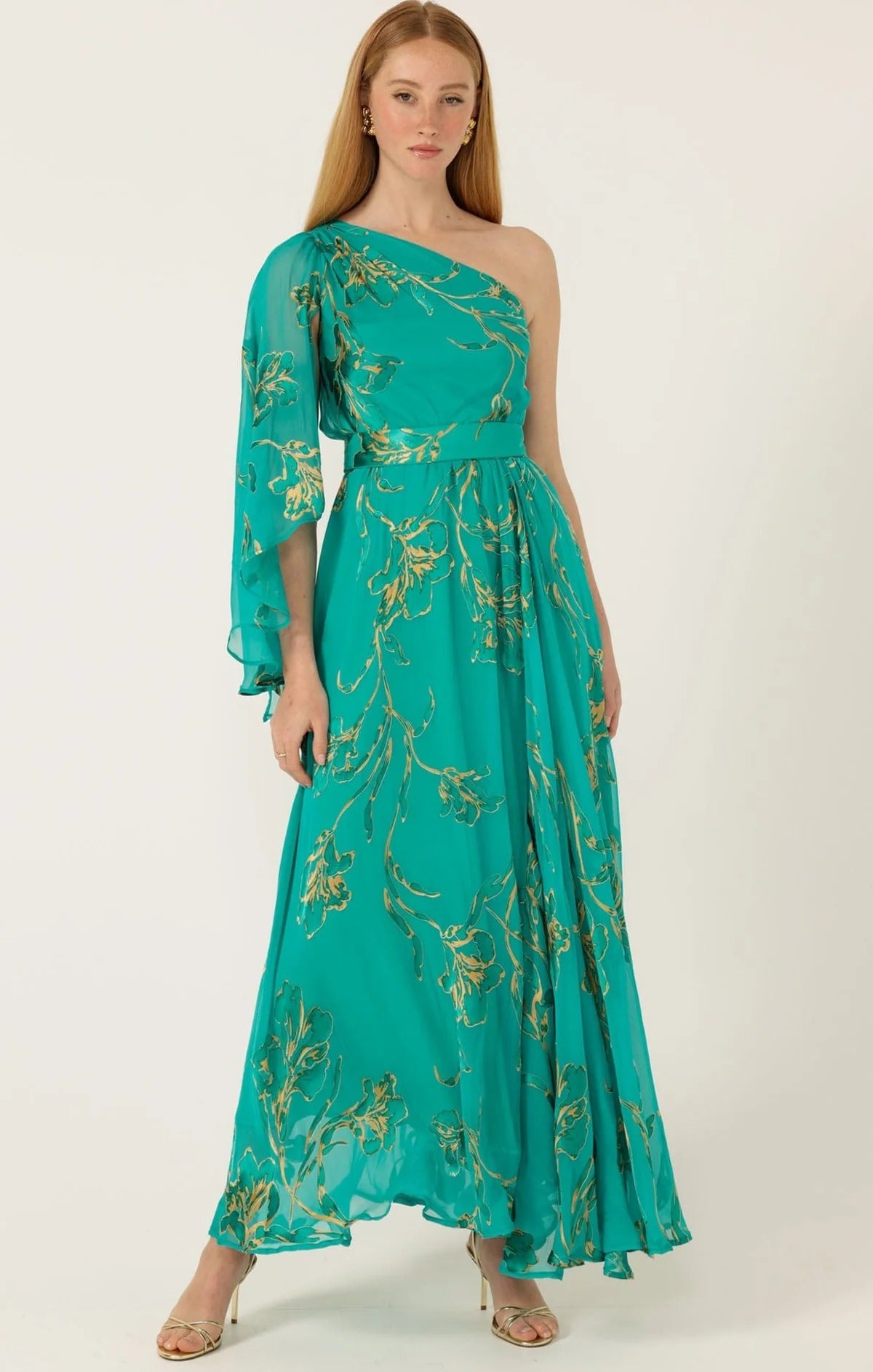 Jade green floral wrap midi dress with clutch elegant occasion wear