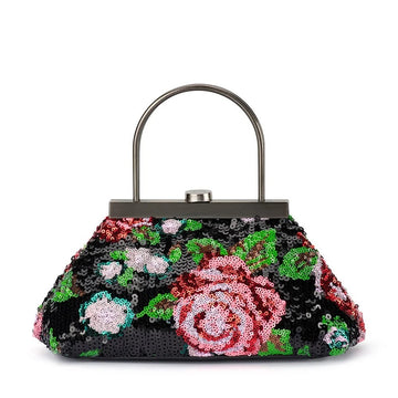 Black Floral Sequin Top Handle Bag
