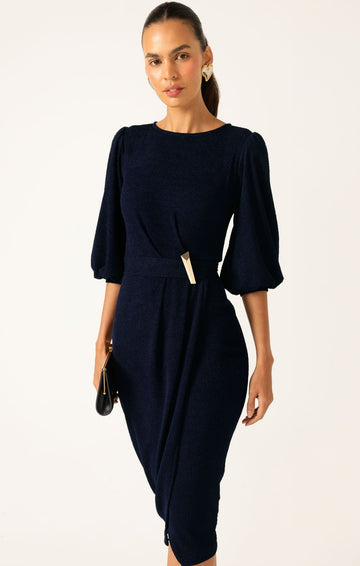 Navy fitted midi dress front view puff sleeve elegant women outfit