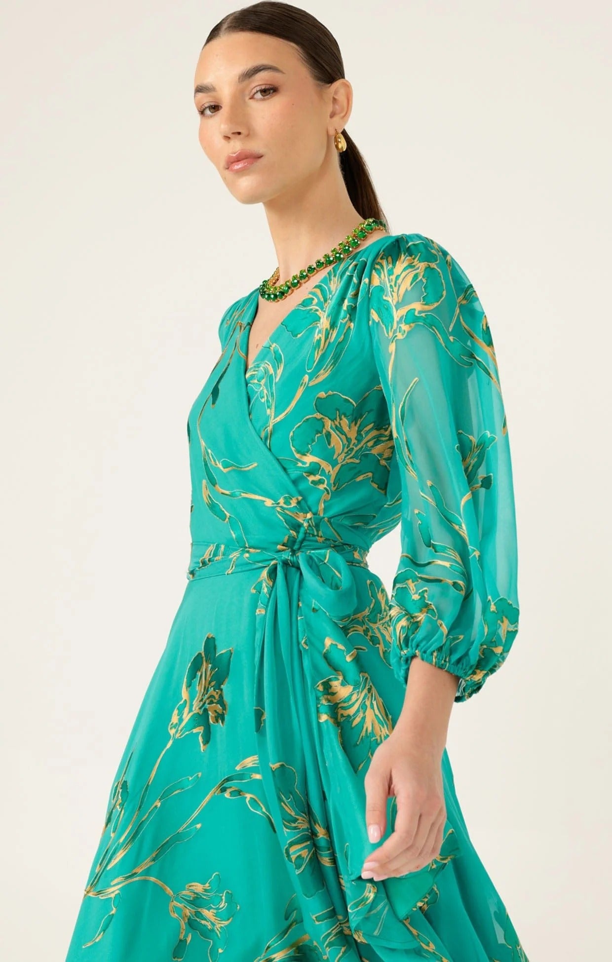 Teal gold floral wrap dress close up elegant long sleeve women outfit