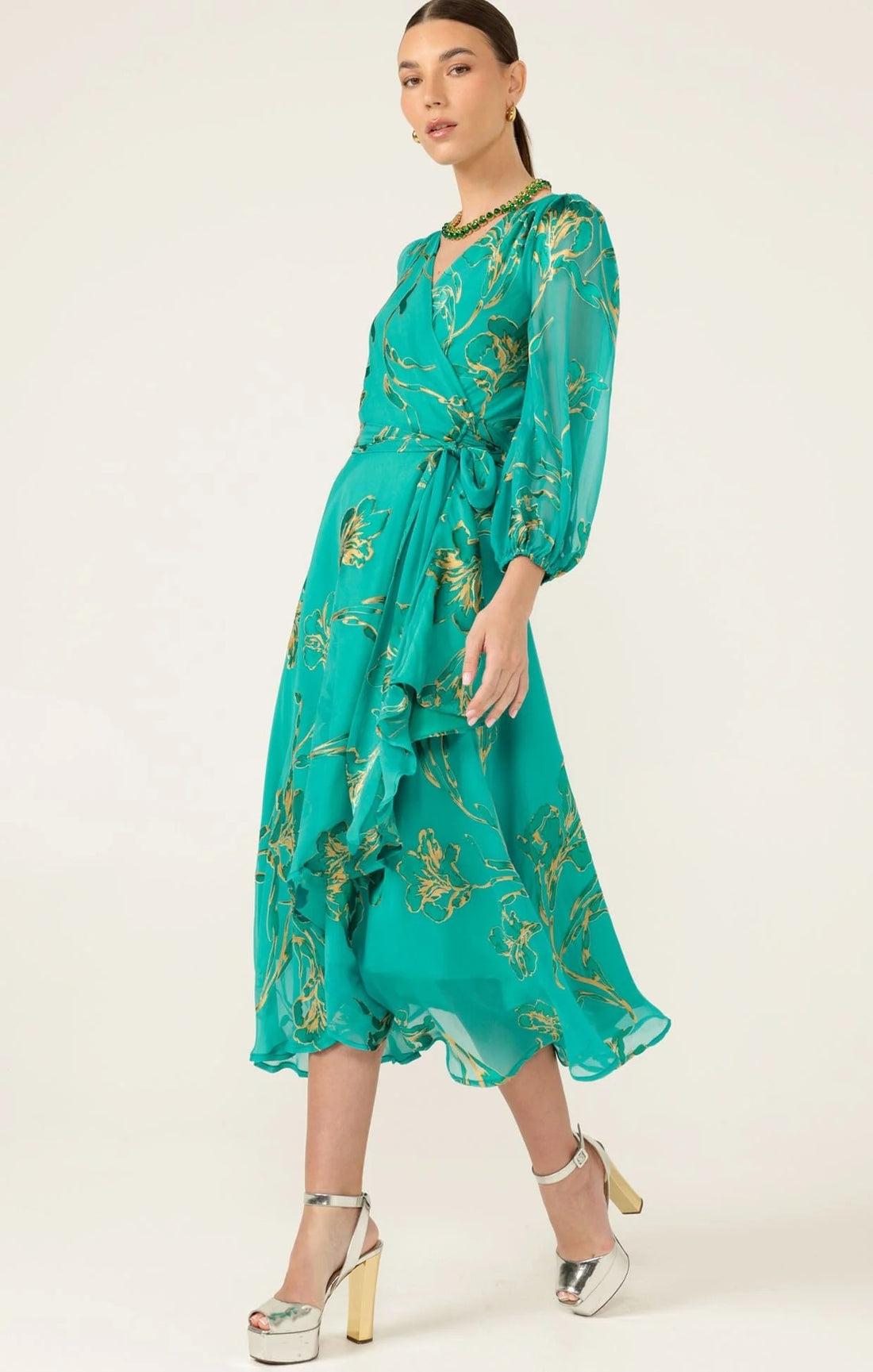 Lorelei Wrap Midi Dress | Jade & Gold Floral Wedding Guest Dress Australia