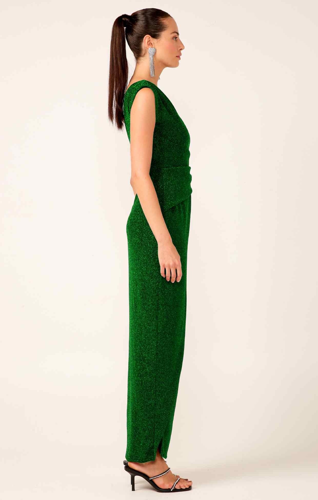 Side view emerald green formal dress slim fit full length design