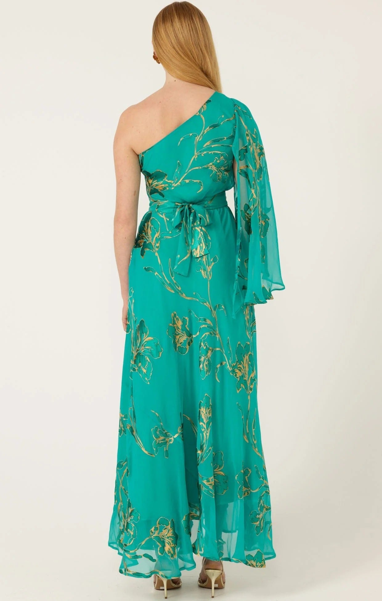 Jade green wrap dress front view gold floral print tie waist design
