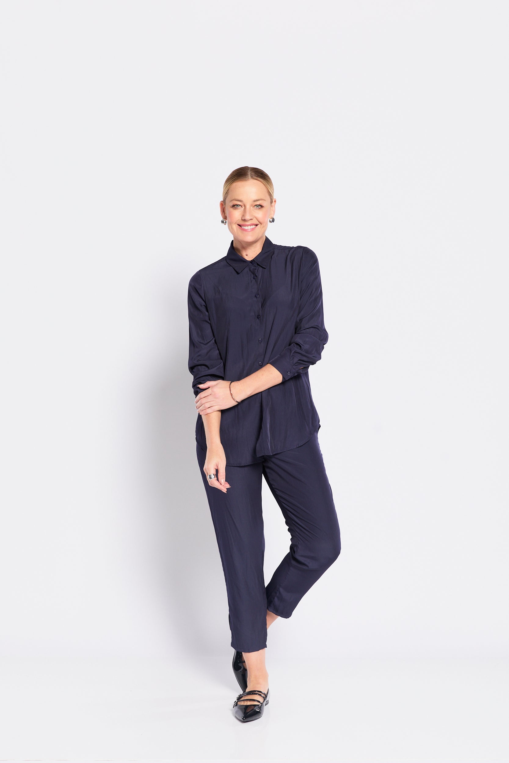Navy Co-ord Shirt & Tapered Pants Set – Minimal Elegant Look