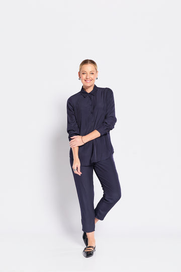 Navy Co-ord Shirt & Tapered Pants Set – Minimal Elegant Look