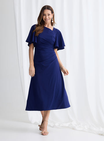 Imperial blue ruched midi dress flutter sleeve Australia