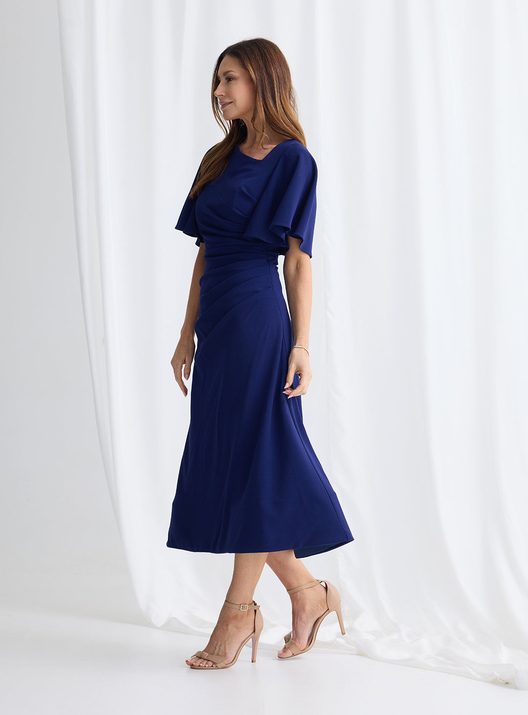 Martha Ruched Midi Dress Imperial Blue | Flutter Sleeve Wedding Guest Dress Australia