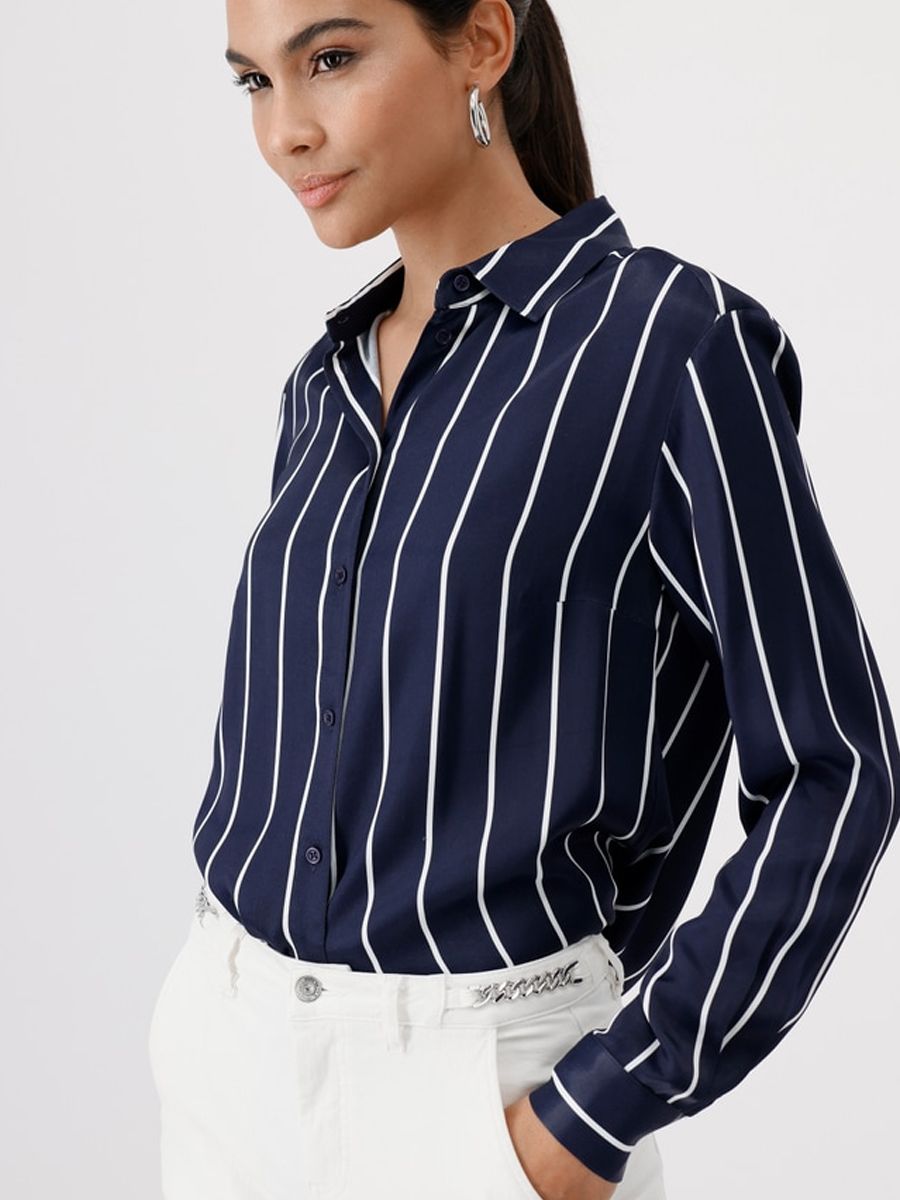 Striped Satin Blouse | Navy Viscose Shirt