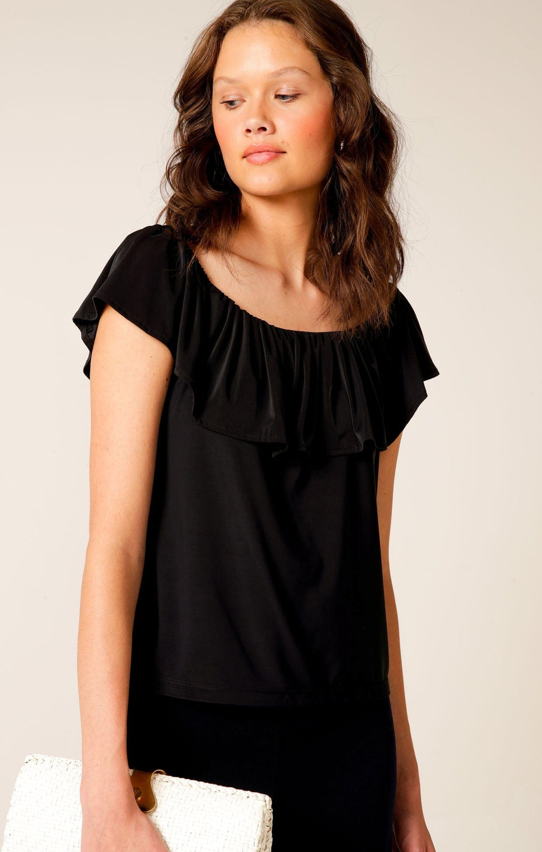 Off Shoulder Frill Top In Black by Sacha Drake