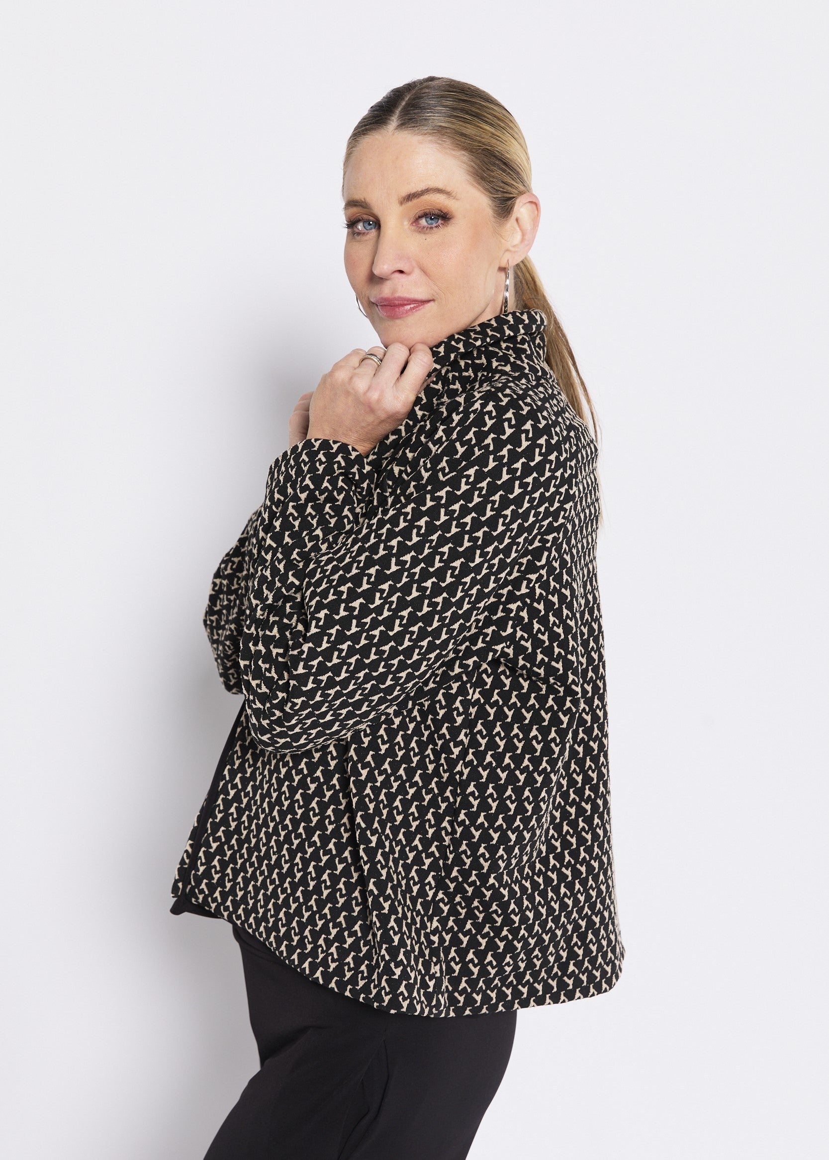close view black patterned crop jacket women smart styling Showies Boutique Australia