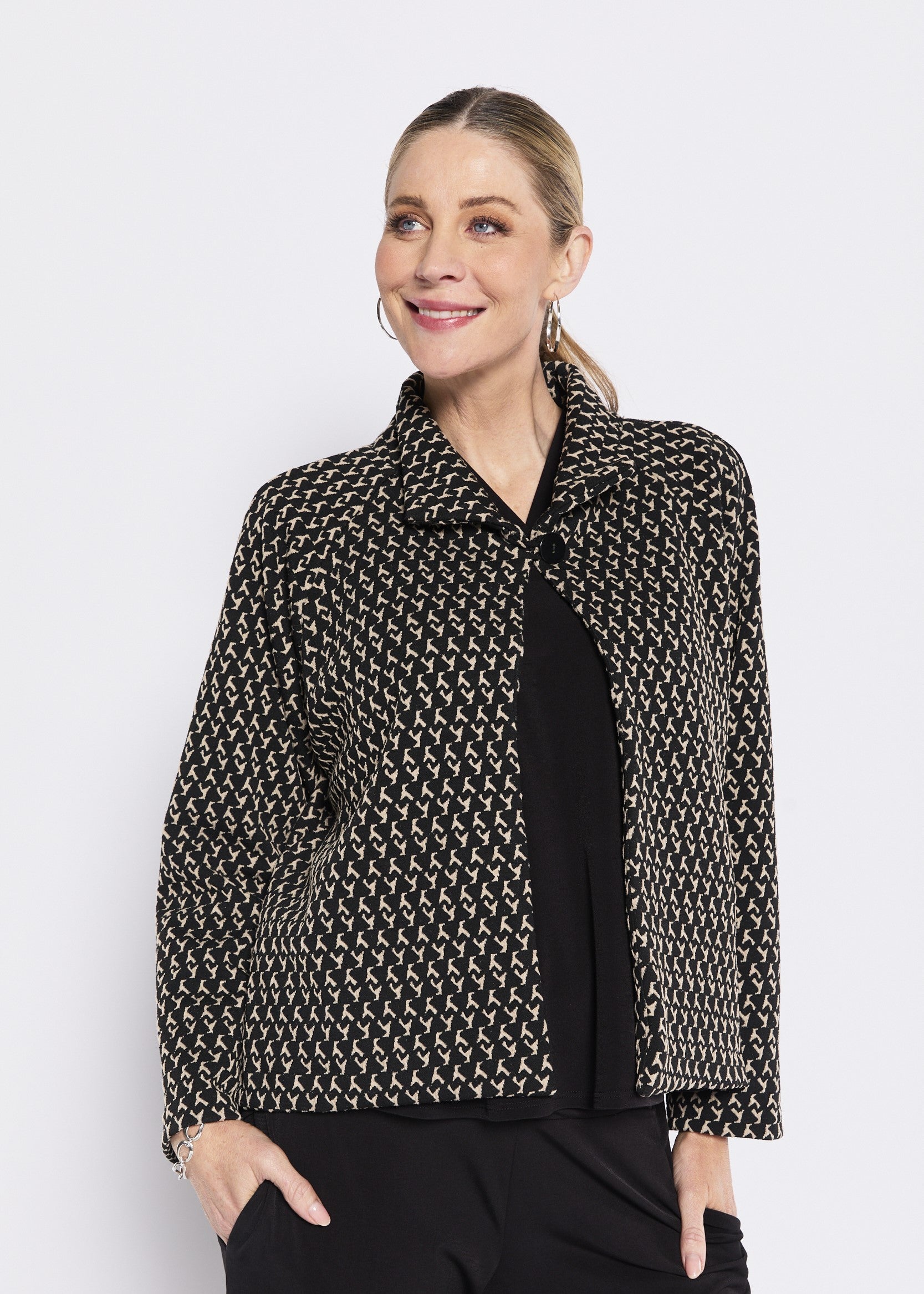women black and beige patterned crop jacket smart styling Showies Boutique Australia