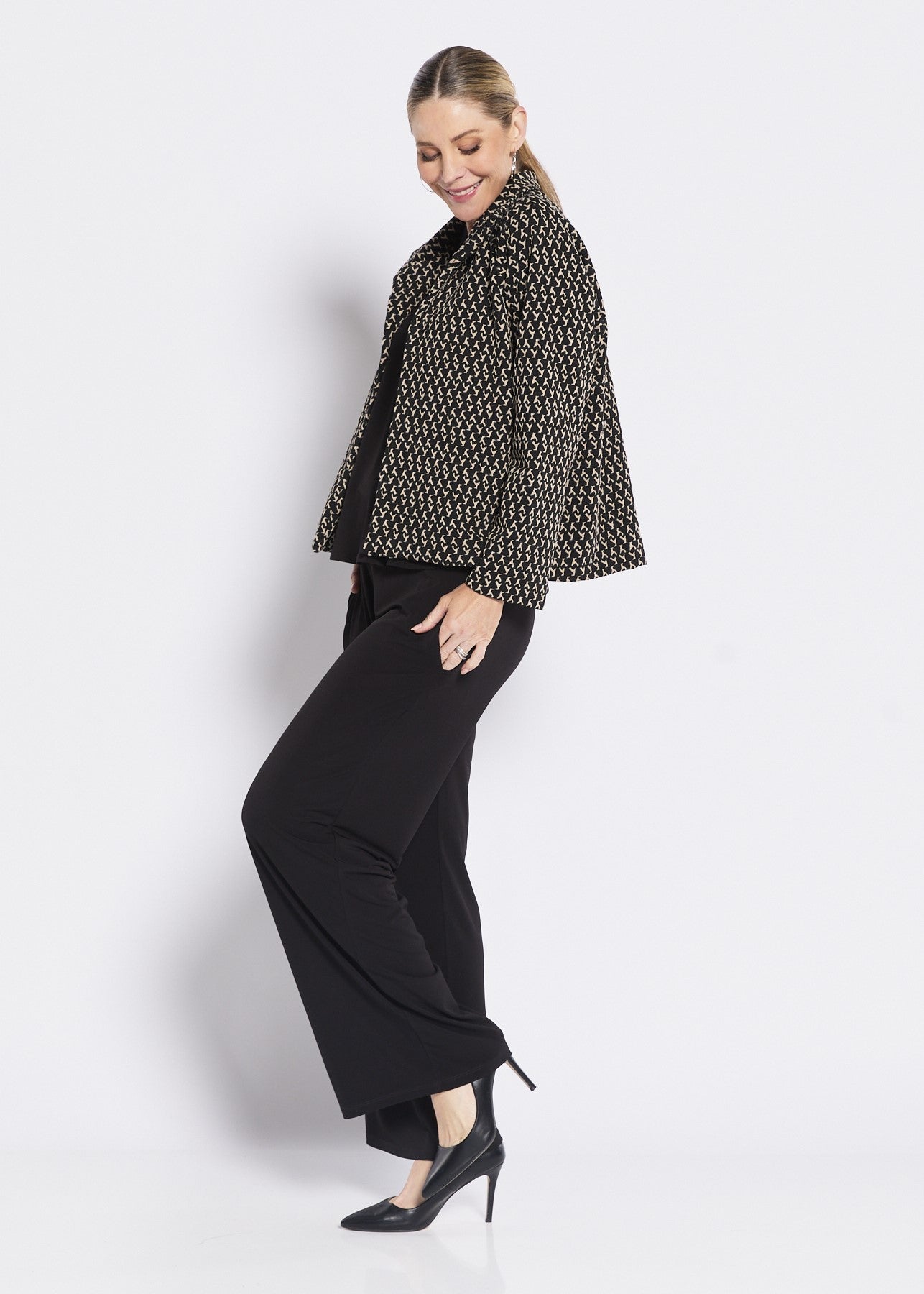 side view black patterned crop jacket women smart outfit Showies Boutique Australia