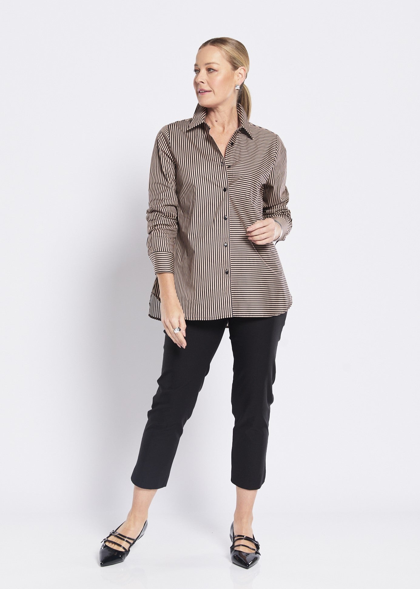 Women’s striped long sleeve shirt with black ankle pants modern everyday styling