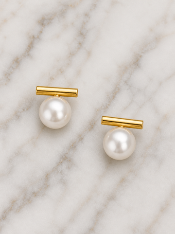 Minimal Gold Bar Pearl Stud Earrings | Elegant Pearl Stud Earrings