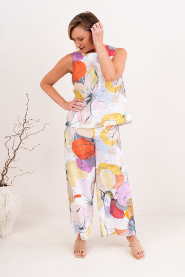 Multi Color Floral Linen Tunic Top