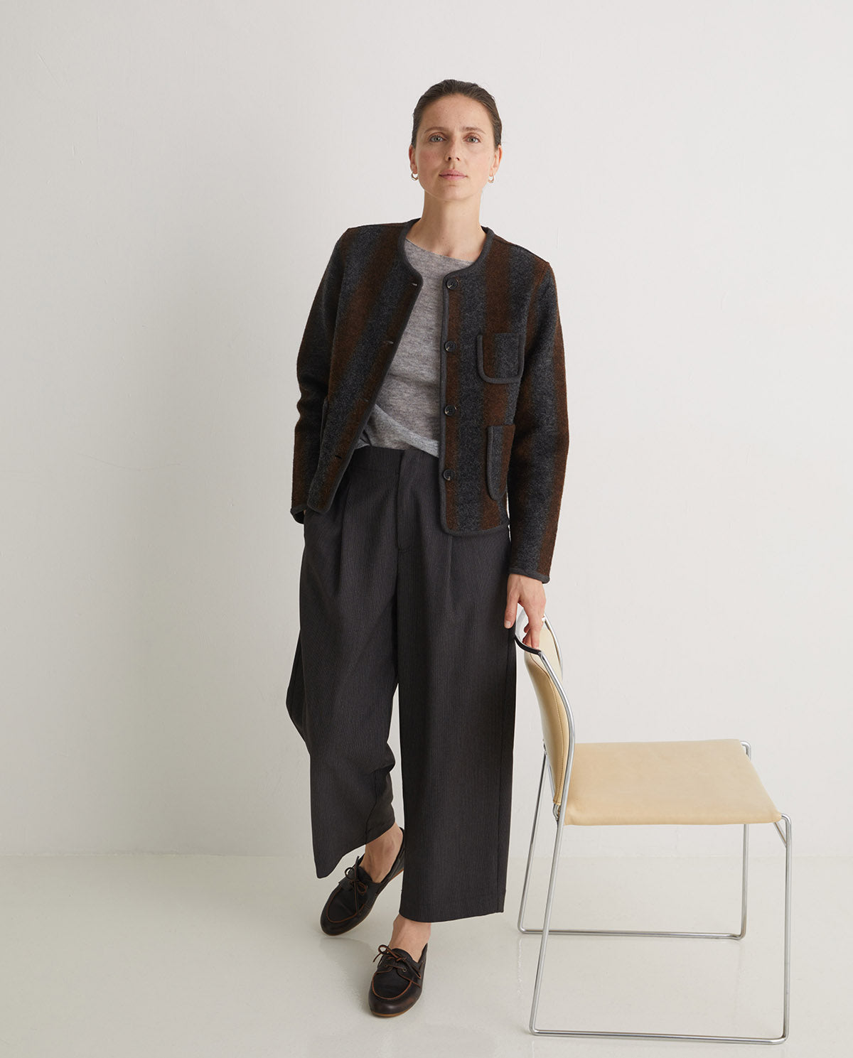 Stylish wool blend long coat funnel neck winter