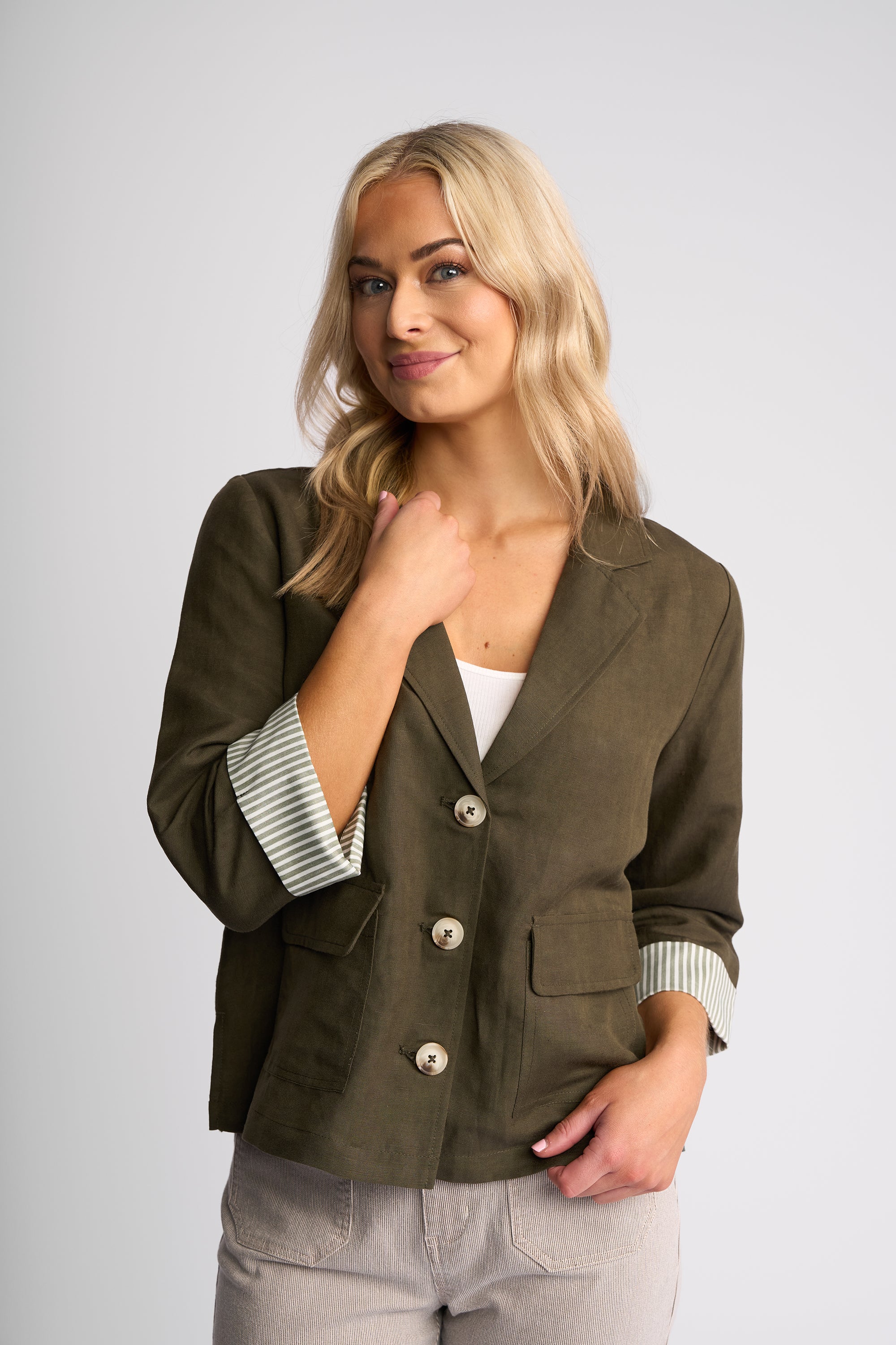 Khaki & Navy Button-Front Linen Blend Jacket