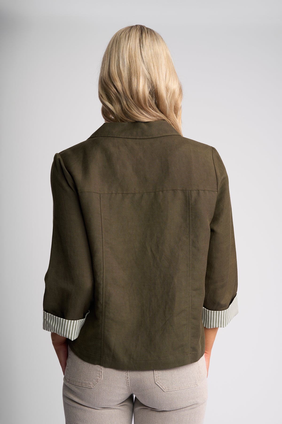 Khaki & Navy Button-Front Linen Blend Jacket