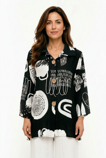 Black and white abstract print button-up jacket with 3/4 sleeves.