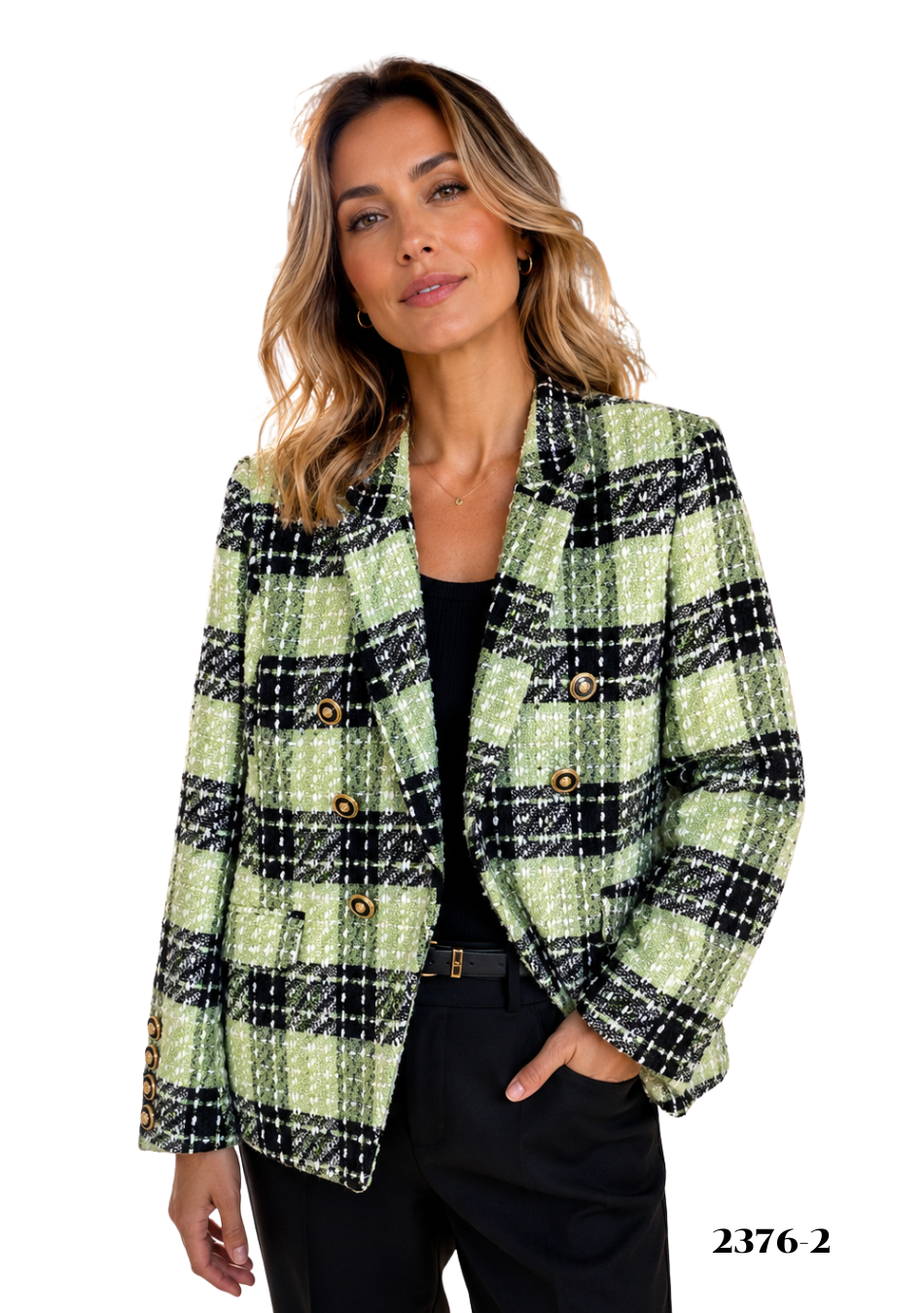 Chic Green Plaid Tweed Blazer – Elegant Statement Jacket