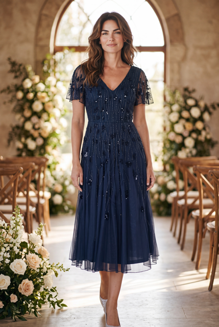 Elegant Navy Blue Embellished Midi Dress – Classic Occasion Style