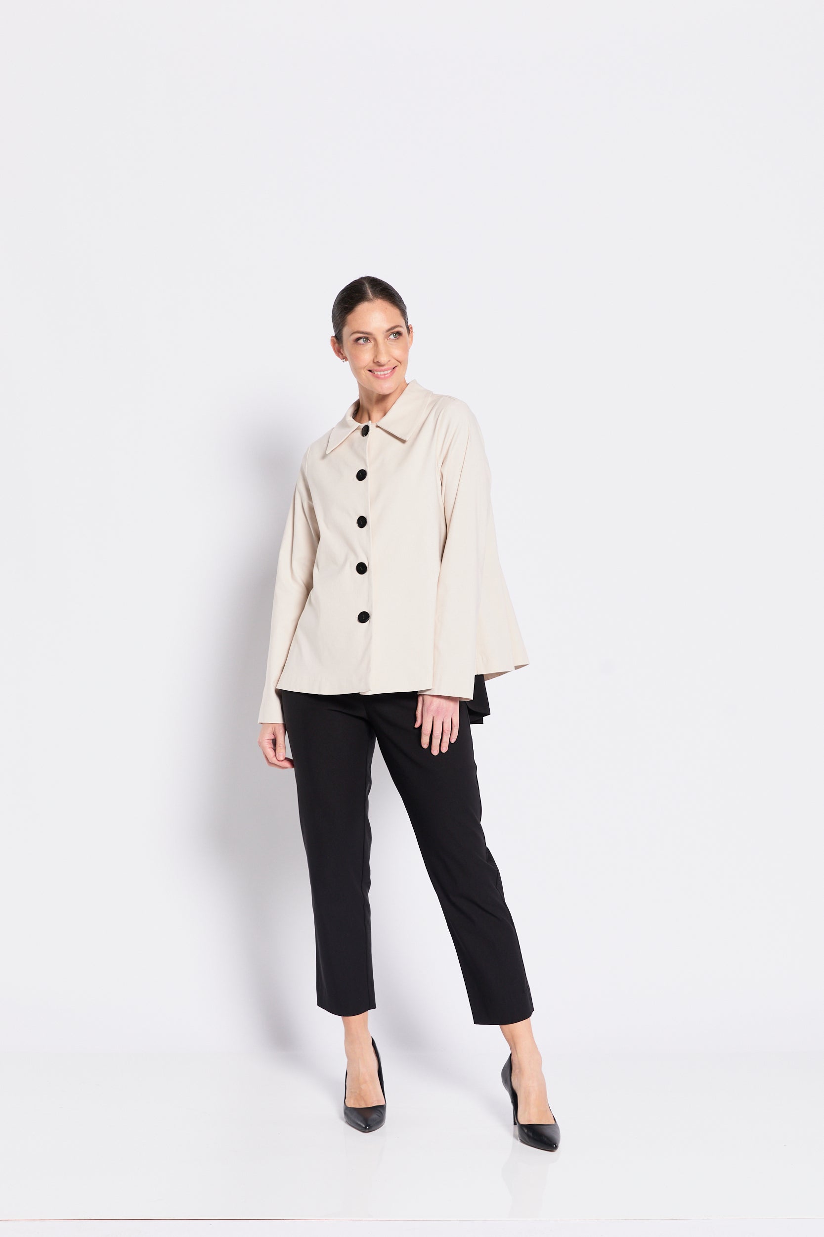Beige button jacket with black ankle pants smart casual outfit full look
